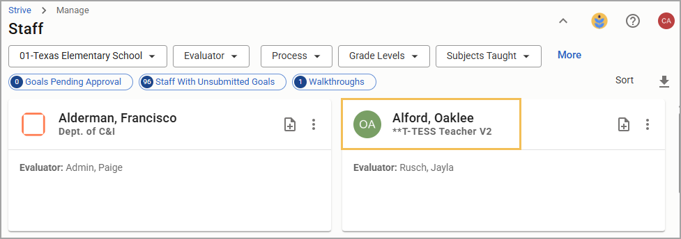 Staff management interface showing staff member cards and their evaluators within a school.